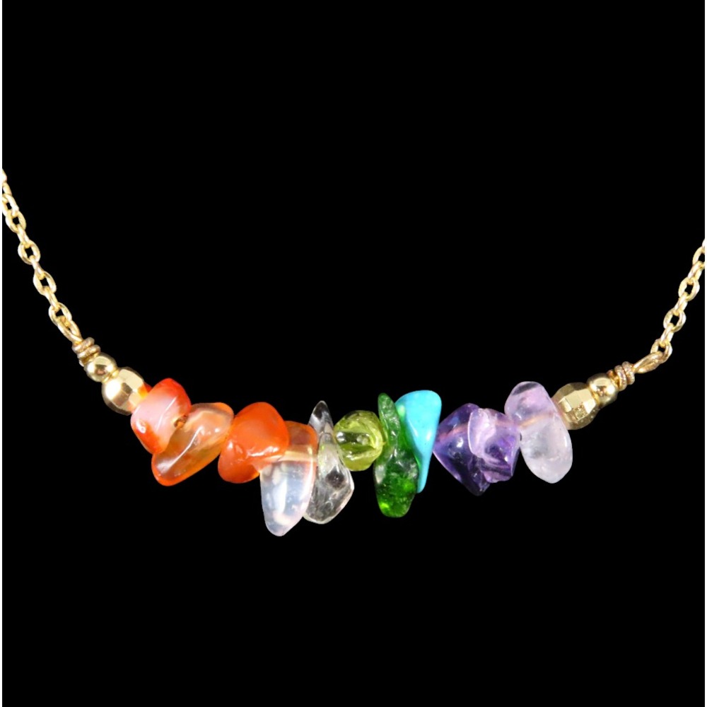 14K GOLD PLATED Sterling Silver 7-CHAKRA GEMSTONE PENDANT BAR Chain Necklace 18"